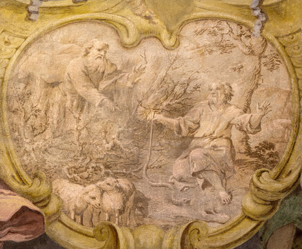 CREMA, ITALY - MARCH 20, 2026: The fresco of God appeared moses in the burning bush the church Santuario di Santa Maria della Croce by  Giacomo Parravicino - il Gianolo from year 1721