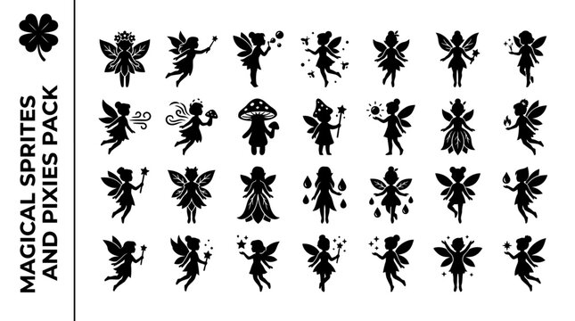 Magical Pixies and Fairy Characters Silhouette Vector Icon Collection Set Featuring Enchanted Woodland Creatures and Mythical Winged Spirits (32)