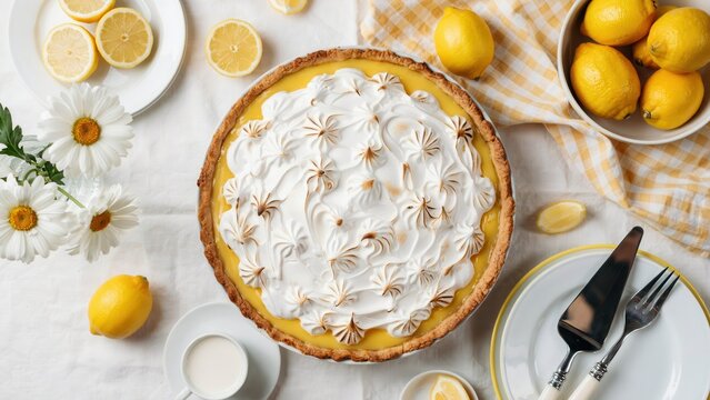 Delicious lemon meringue pie with toasted meringue topping, surrounded by fresh lemons and white daisies on a white table.