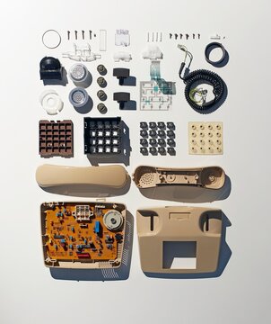 Disassembled old telephone arranged on a white background