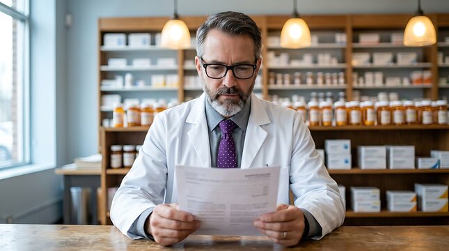 Serious mature male pharmacist wearing white lab coat and glasses studying medication prescription document while sitting at wooden table inside pharmacy retail store interior setting.
