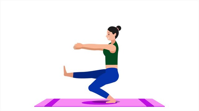 Woman performing pistol squat exercise animation, single leg squat workout motion graphic, animated female fitness character training pose, 4k seamless loop on white background.