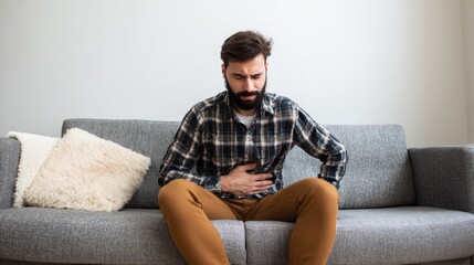 Fototapeta premium Man sitting on sofa holding stomach in discomfort during midday at home