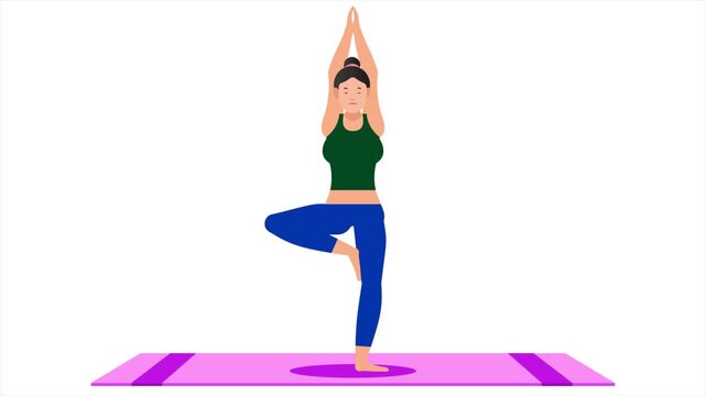 Woman doing yoga tree pose animation, vrikshasana pose vector character exercise, female fitness loop on yoga mat, 4k flat graphics character training.