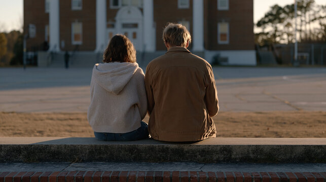 Volunteer crisis chaplain kneeling beside a distraught teenager on steps outside a high school gymnasium, spiritual emergency pastoral care scene captured in wide establishing