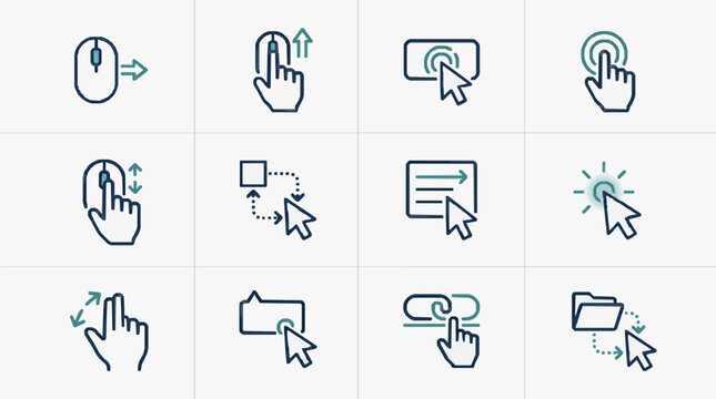 Creative Set of Modern Flat Icons Showing Touchscreen and Mouse Interaction with Minimalist Design in Blue and White