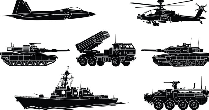 Military vehicles silhouettes set with fighter jet helicopter tanks rocket launcher warship and armored carrier isolated on white background vector