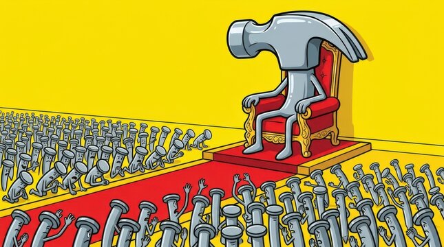 Humorous illustration depicting giant hammer character sitting on throne ruling over crowd of fearful nails.