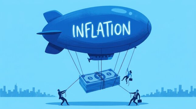 Illustration showing blimp with inflation text carrying stack of dollar bills being pulled down by people.