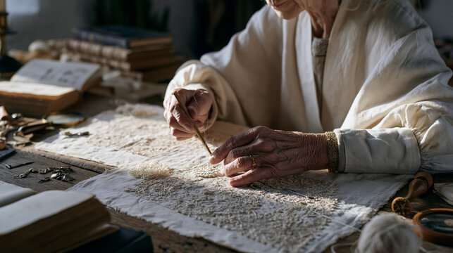 tatting shuttle gliding through fine thread loops as an elderly woman's weathered hands craft intricate bobbin lace at a sunlit oak table scattered with antique pattern books,
