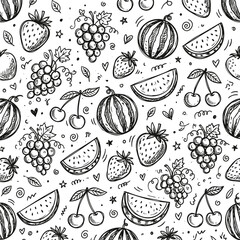 Obraz premium Delicious assorted hand-drawn fruits and vegetables pattern Vector