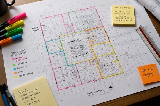 subcontractor. Architectural blueprint with color-coded sections for subcontractor responsibilities. real-estate listings.