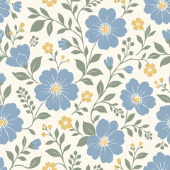 Fototapeta premium Blue floral seamless pattern with wildflowers and botanical leaves in vintage garden style for fabric, textile, wallpaper, wrapping paper and surface print.