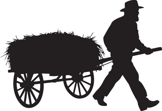 Silhouette of a man pulling a hay cart, side view wheelbarrow