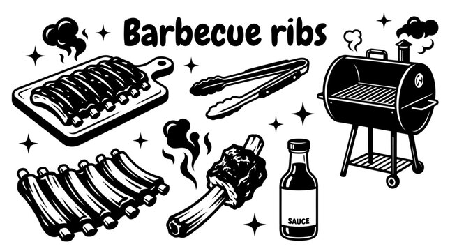Barbecue ribs vector collection isolated for American grilling culture, outdoor cooking, restaurants, and summer food concepts. Black and white sketch style featuring grilled meat, sauce