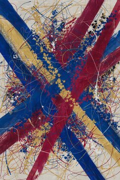 Abstract painting with colourful brushstrokes and paint splatters