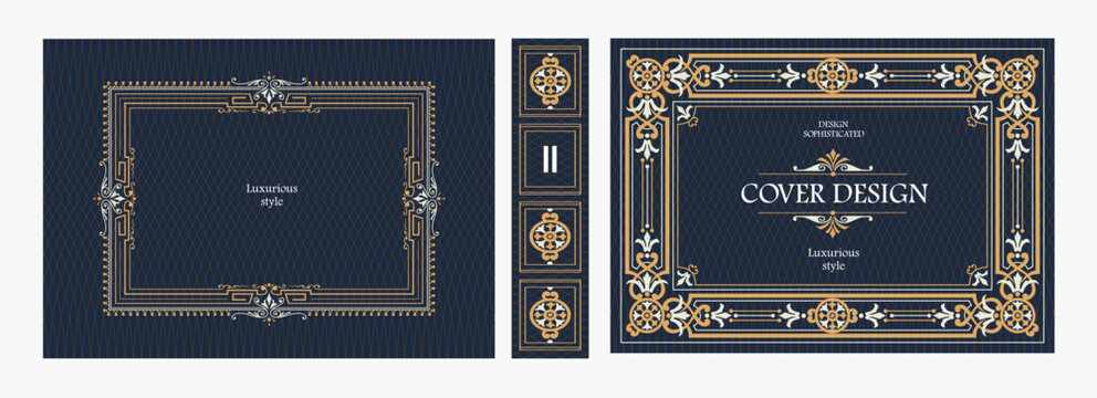 Elegant horizontal vintage book cover design with ornate Baroque frame, decorative gold ornaments, and luxurious retro style for publications, albums, posters, and premium layouts