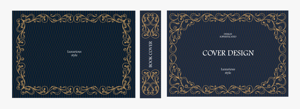 Elegant horizontal vintage book cover design with ornate Art Nouveau frame, geometric decorative ornaments, and luxurious retro style for publications, albums, posters, and premium layouts