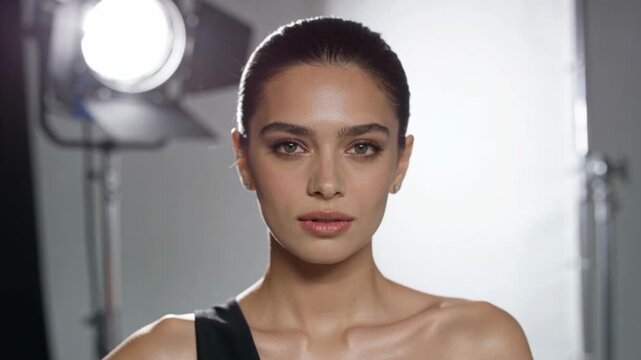 Camera cueing woman rotating, shifting gaze in studio for portrait with key light, one-shoulder top
