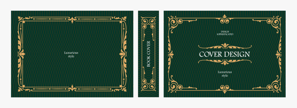 Elegant horizontal vintage book cover design with ornate Art Nouveau frame, geometric decorative ornaments, and luxurious retro style for publications, albums, posters, and premium layouts