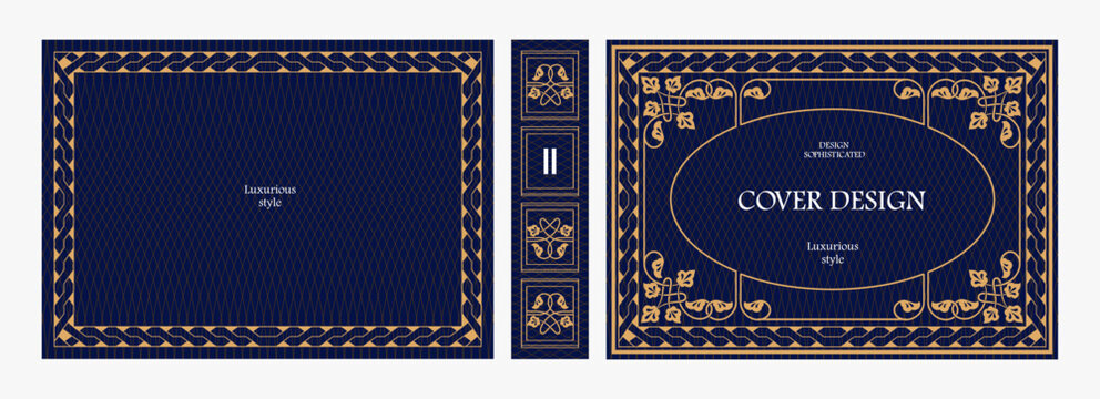 Elegant horizontal vintage book cover design with ornate Art Nouveau frame, geometric decorative ornaments, and luxurious retro style for publications, albums, posters, and premium layouts