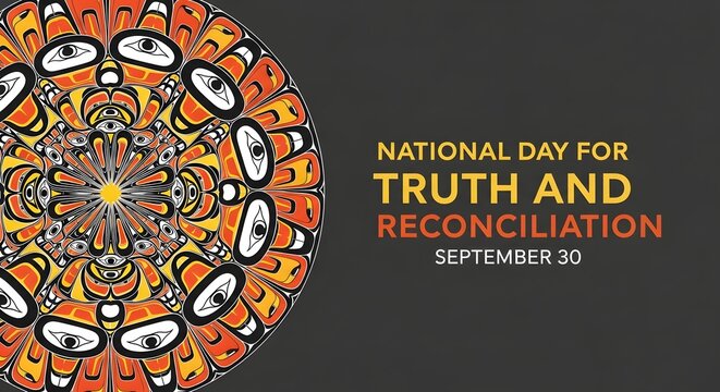 Circular Pattern Background with Truth and Reconciliation Text Overlay in Dark Gold and Black