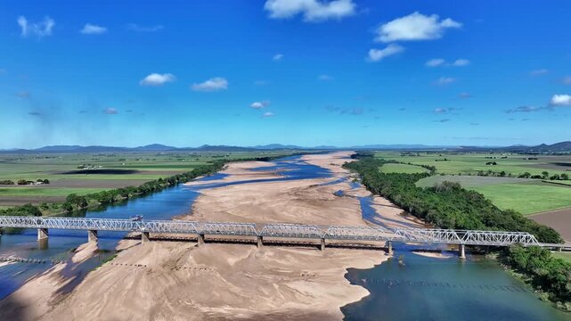 Cinematic aerial footage of Burdekin River Bridge Home Hill Queensland