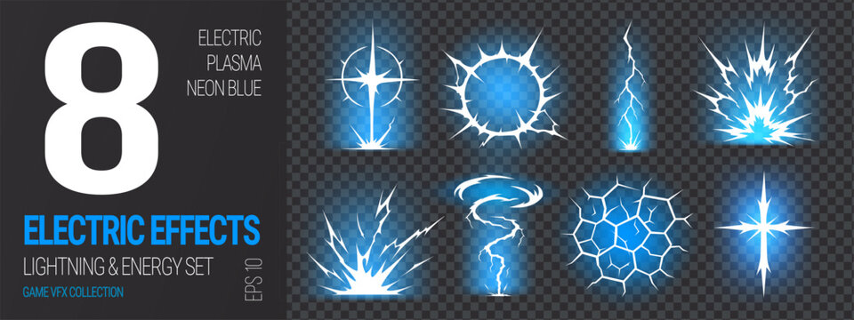 Thunder lightning bolt and anime light effect with energy blue force. Strike black white and 3d sprite background with abstract comic spark. Magic anime light and blast thunder 2d.