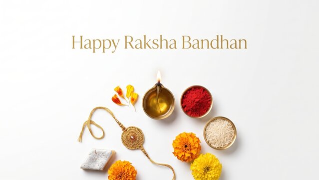 Happy Raksha Bandhan Festive Circle Arrangement - White Flat Lay Banner