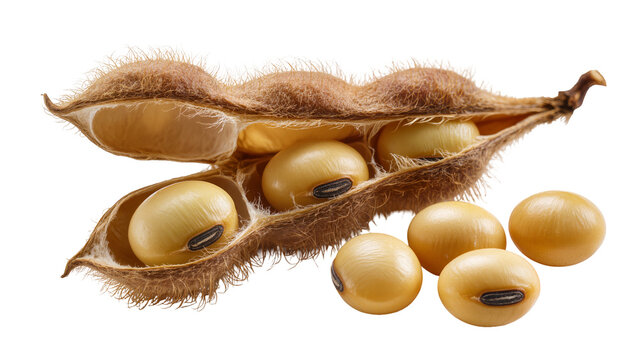 Soybean pod with seeds and loose soybeans