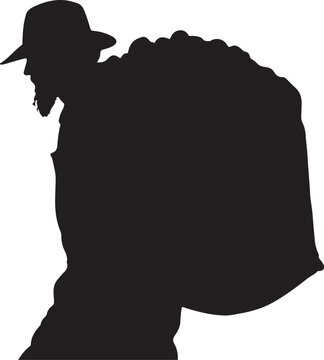 Silhouette of a man with a hat and a large backpack black