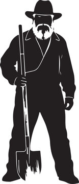 Silhouette of a man with a shovel, wearing a hat and suit