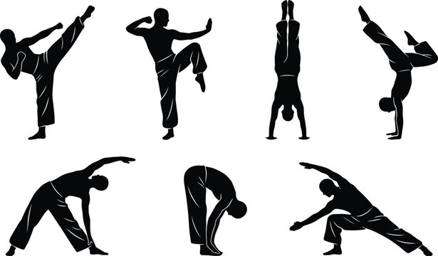 Martial arts and gymnastics silhouettes set with athletic male figures performing stretching kicks handstands isolated on white background vector