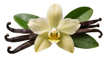 Fototapeta premium Vanilla orchid flower with dark dried vanilla beans and green leaves