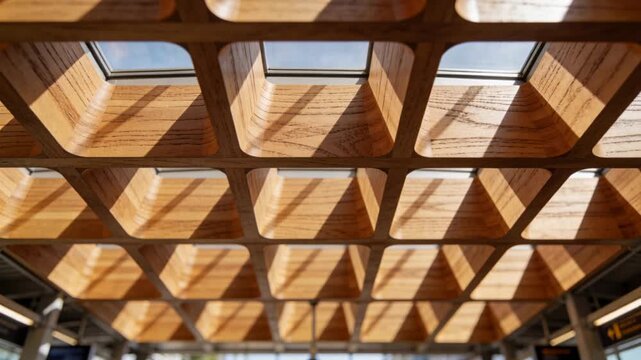 Reacting to sunlight shift, wood coffered ceiling showing moving shadows at atrium, with skylights