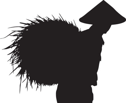 Silhouette of a person wearing a conical hat and bundle grass