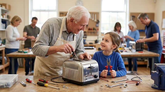 Grandfather teaching granddaughter to fix toaster in workshop, tools on table, multi-generational, learning, family, hobby.
