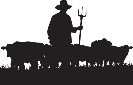 Silhouette of a shepherd with a pitchfork and flock of sheep