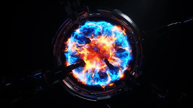 Large fusion reactor core as glowing plasma sphere in orange and blue, pulsing in dark space, fusion energy concept