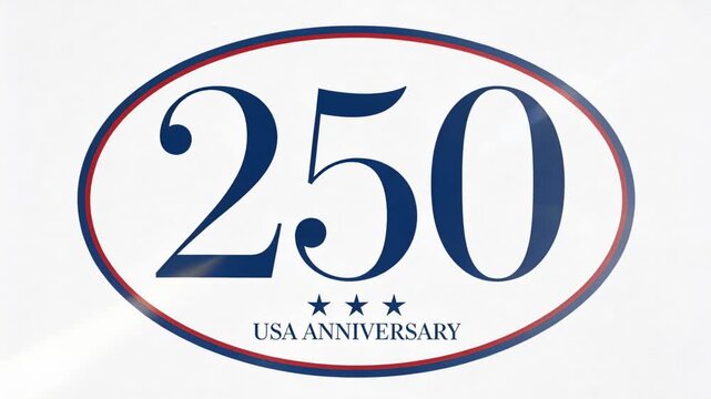 Displaying oval 250 USA ANNIVERSARY on white backdrop, lens flare shifting, highlighting right zero