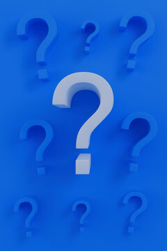 White highlighted question mark surrounded by blue 3D signs
