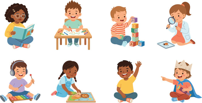 Collection of children learning and playing illustrations featuring educational and creative activities