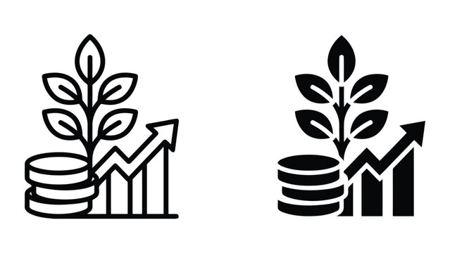 Detailed vector icon set depicting plant growing from coin stack and bar chart showing upward growth trend representing profitable green business investment and sustainable economic success