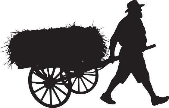 Silhouette of man pulling a hay cart, walking wheelbarrow