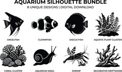 Premium Aquarium Silhouette Vector Bundle with Tropical Fish Coral Aquatic Plants Shrimp Snail and Driftwood Elements © SHOJEB