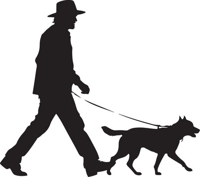 Silhouette of man walking dog on leash
