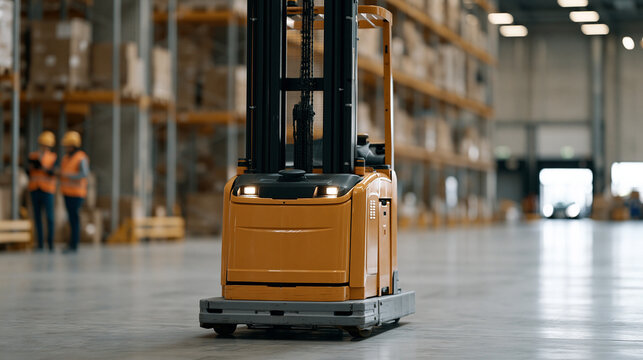 Autonomous electric forklift navigates a vast distribution warehouse at peak shift, sensors scanning towering pallet racks while human logistics supervisors in safety vests track