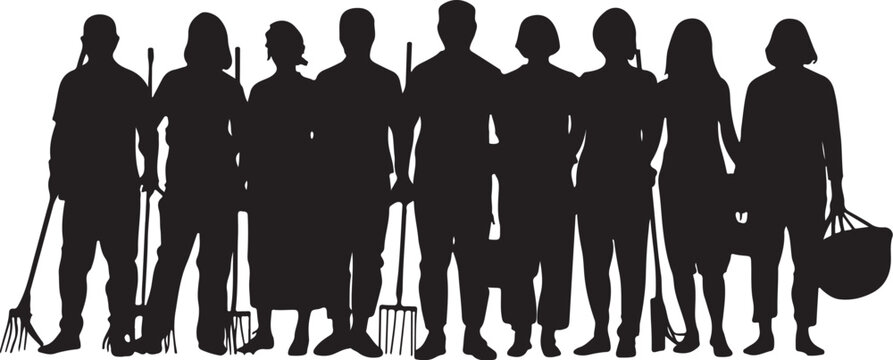 Silhouette of people with gardening tools, group of nine