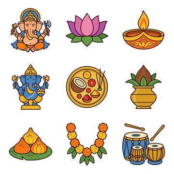 Colorful vector illustration set featuring traditional symbols of the hindu festival ganesh chaturthi including deities flowers lamps and musical instruments