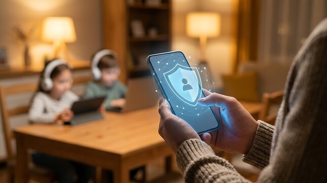Parent using smartphone with shield icon for child online safety, controlling kids internet access while they use tablet and laptop with headphones.